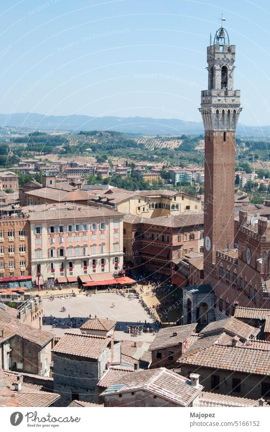 Beautiful aerial view of Siena, Italy tuscany piazza roof cathedral famous ancient old historic cityscape travel italian medieval above architecture blue