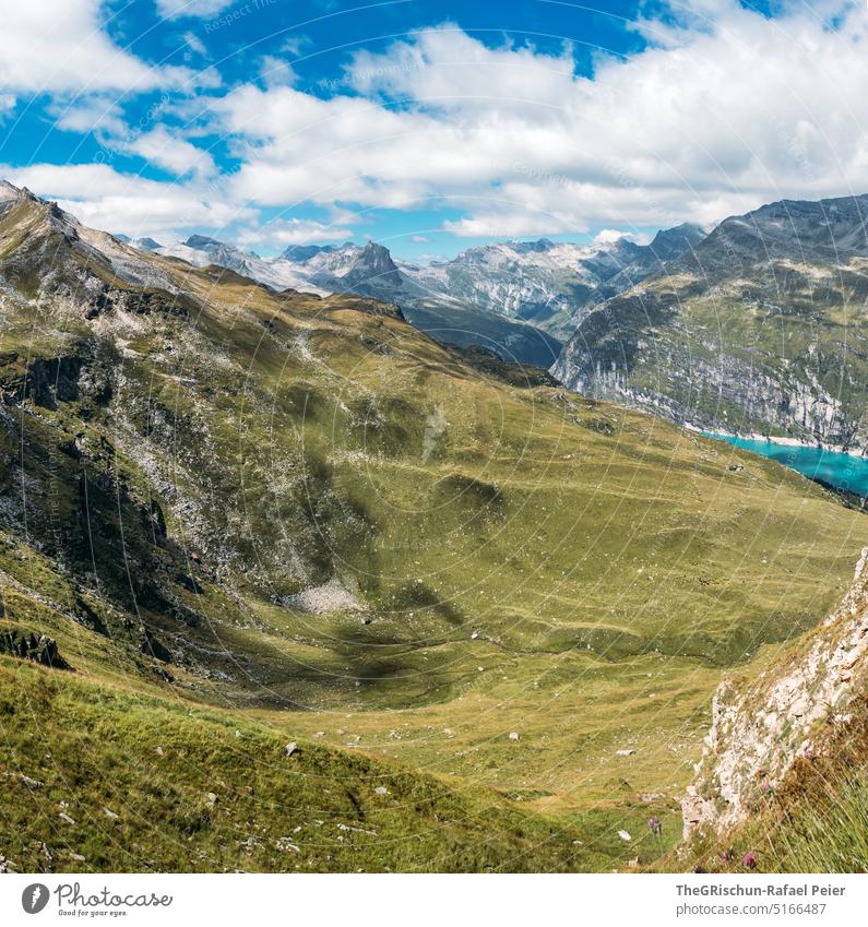 Mountain with clouds and lake in background Vals Alps Exterior shot Day Deserted Landscape Switzerland vacation Hiking Discover Bergen cloudy Nature