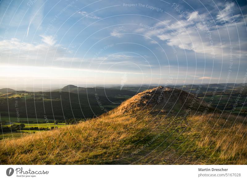 Viewpoint in the Rhön mountains Hiking Nature Exterior shot Landscape Vacation & Travel Mountain Trip Sunset Highlands Low mountain range landscape Back-light