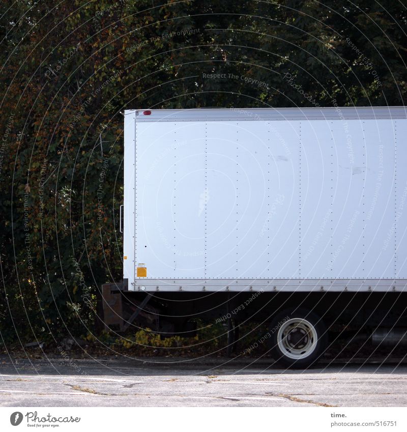 trolley Bushes Hedge Transport Means of transport Rush hour Logistics Vehicle Truck Tire Stand Center point Break Calm Stagnating Lanes & trails Time