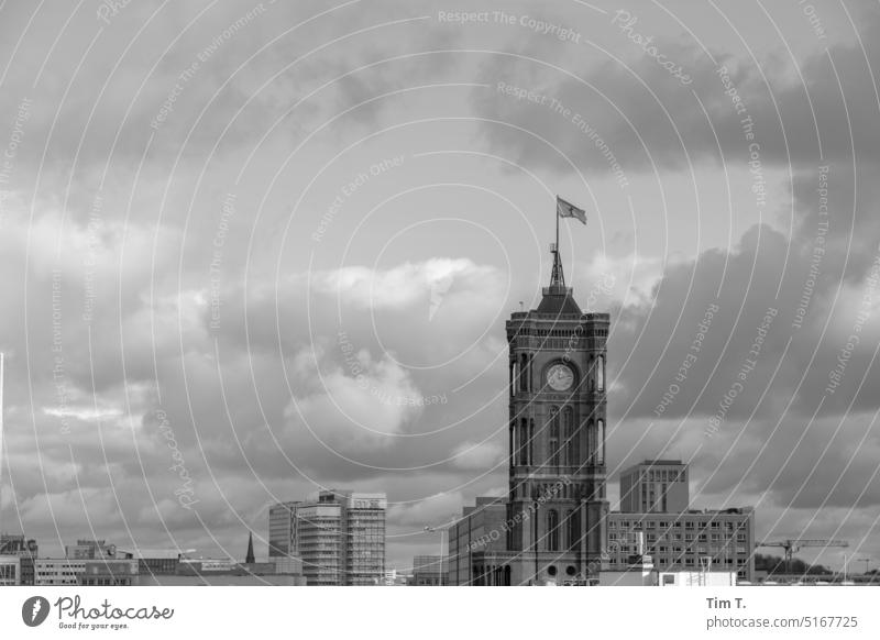 Red City Hall . Rotes Rathaus Berlin Middle b/w Winter Flag Capital city Downtown Town Exterior shot Architecture Day Downtown Berlin Deserted