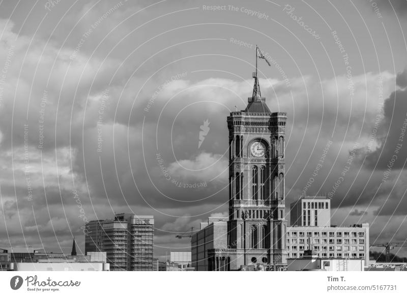 Red city hall in Berlin in black and white City hall b/w Sky Exterior shot Black & white photo Town Deserted Day Downtown Capital city Architecture