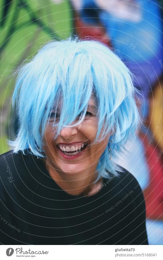 je oller je doller | carnival, fasching, portrait of a happy, laughing woman with blue wig Woman Colour photo Carnival costume Serenity Exterior shot Adults