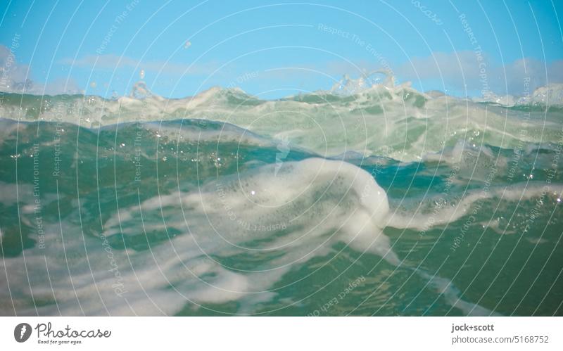 Water wave between air and water Waves Pacific Ocean Nature Clouds White crest Swell Movement Elements Background picture Experiencing nature Blue sky