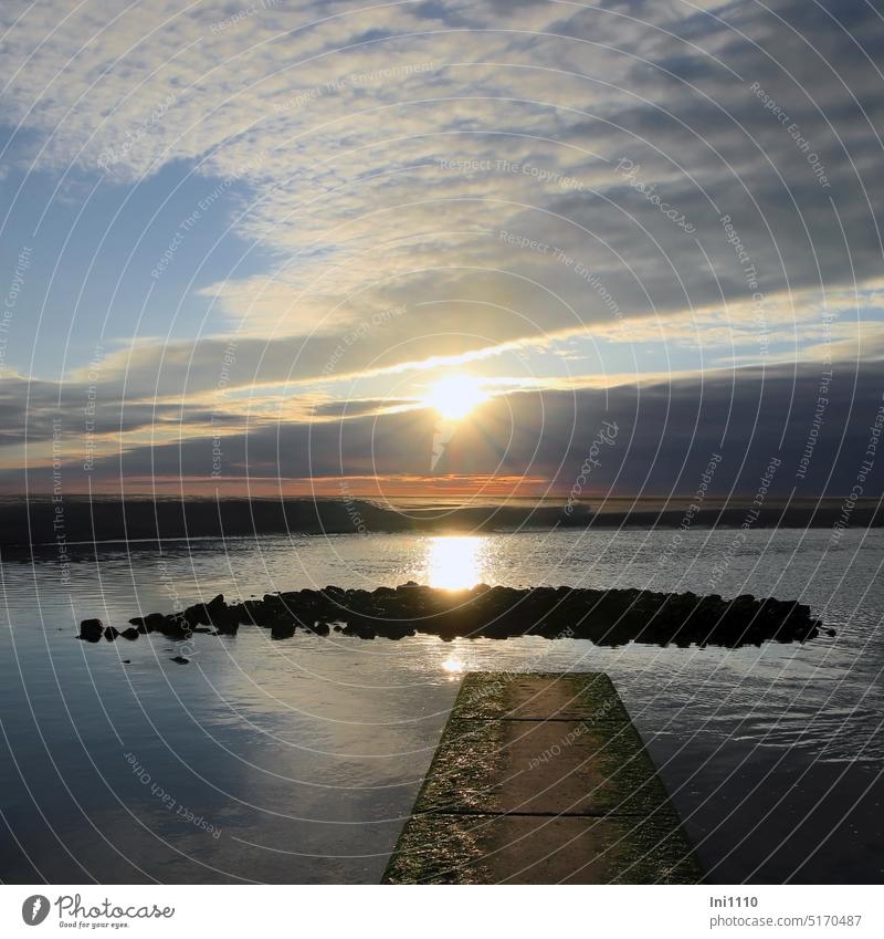 Sunset on Borkum Island Ocean North Sea Sandbank Twilight wait for fascination Marvel Dream Light solar star Clouds Cloud cover Transition day and night Water