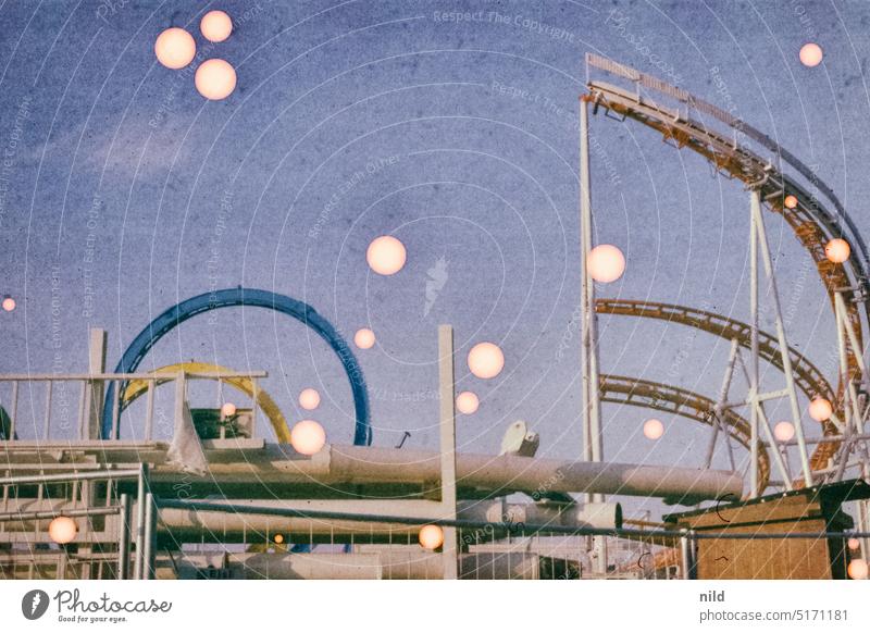 Expired slide film - Theresienwiese Munich Bavaria Oktoberfest Fairs & Carnivals Roller coaster Theme-park rides Amusement Park superstructure Exterior shot