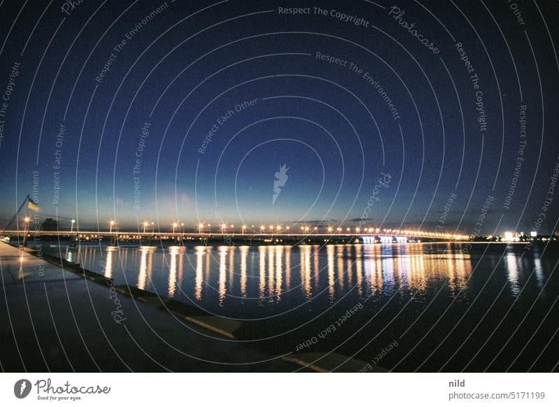 Kaidatsky bridge over the Dnieper river dnepr Bridge Ukraine Ukrainian flag Twilight Long exposure River Connection Traffic infrastructure Analogue photo Kodak