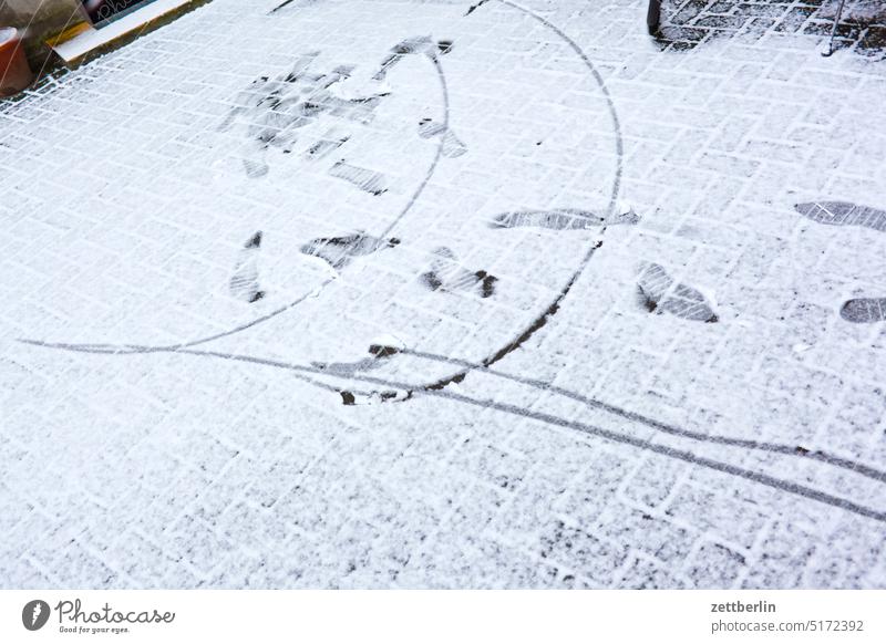 Bicycle track in fresh snow parking facility Old building on the outside Bicycle lot Closing time House (Residential Structure) rear building Backyard Courtyard