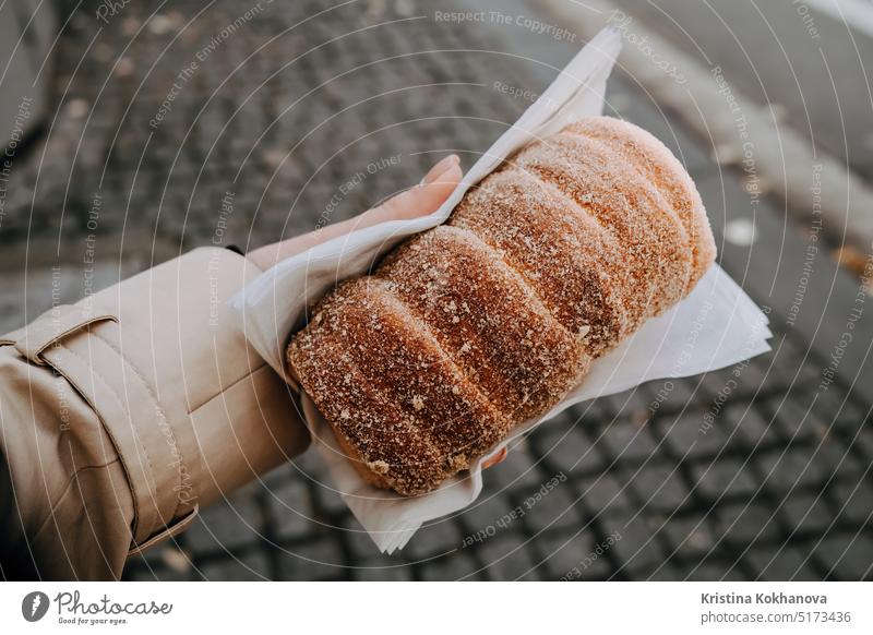 Trdlo Trdelnik in hand. Traditional tasty baked czech delicious street food trdelnik background bakery bread brown cinnamon dessert dough eating europe gourmet