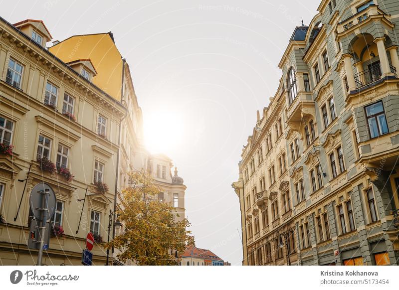 Prague, Czech - February 2023. European architecture, historical building facade alley antique apartment apartments balcony beautiful blue bohemia capital city