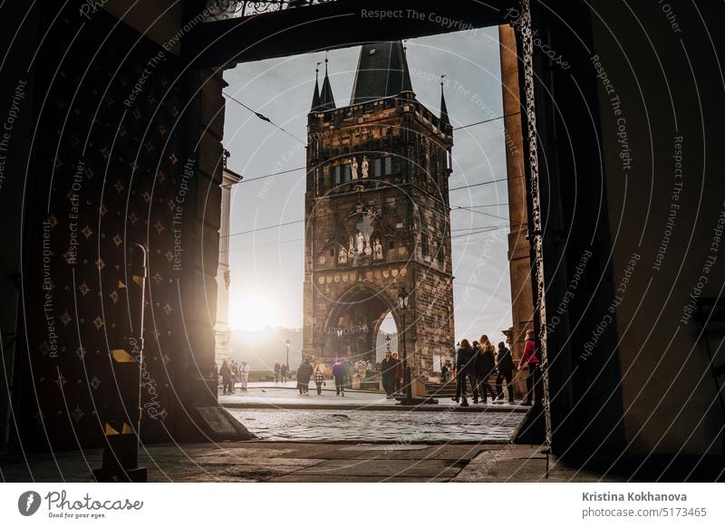 Prague, Czech - February 2023. Old town bridge tower on Charles Bridge, sunset architecture charles city cityscape czech european famous history landmark old