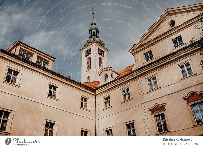 Prague, Czech - February 2023. Facade of Klementinum building from courtyard alley antique apartment apartments architecture balcony beautiful blue bohemia