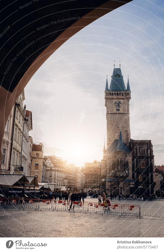 Prague, Czech - February 2023. Old town Hall building, tower square at sunset architecture architecture and buildings bohemia capital cathedral center church