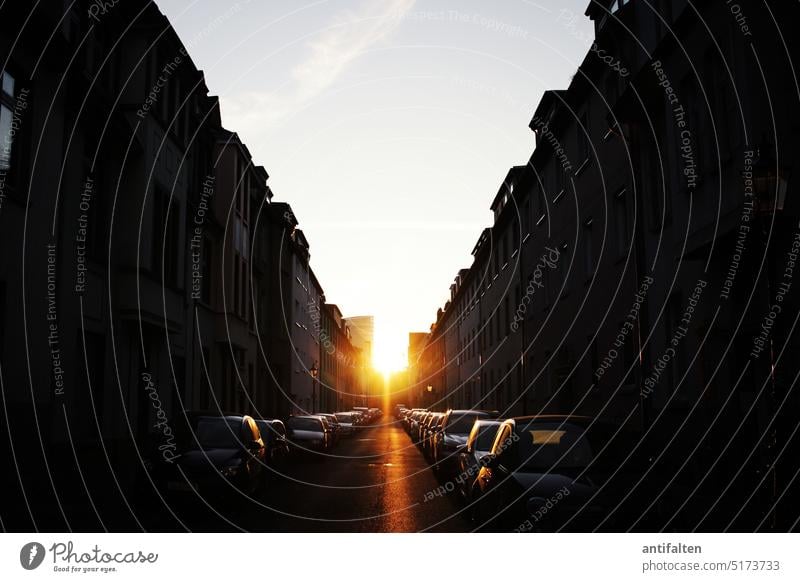 Evening red, good weather bot Weather Beautiful weather Sunset Street houses gorge of houses Sky Exterior shot Town Deserted Building Traffic infrastructure