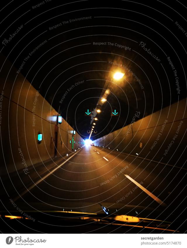 tunnel vision Tunnel vision car Transport Dark Bright Highway Light Street Driving Speed Car Traffic infrastructure Road traffic Night Movement Motoring