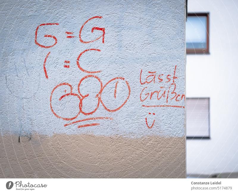 Red writing formula on white facade, someone says hello. Graffiti House (Residential Structure) Wall (building) Characters scribbling Greetings