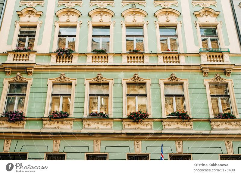 Prague, Czech - February 2023. European architecture, historical building facade alley antique apartment apartments balcony beautiful blue bohemia capital city