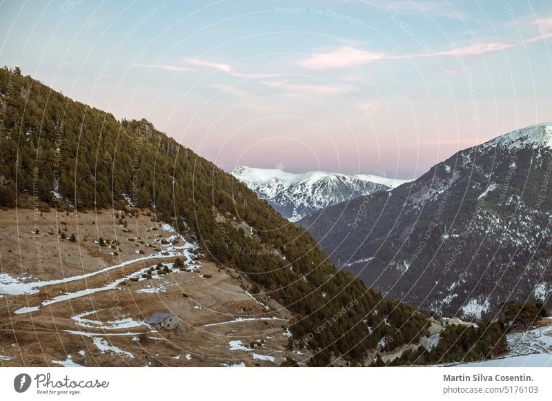 Countryside landscape in Andorra in the Pyrenees in Winter ancient andorra architecture background beautiful building canillo cityscape clouds cloudy cloudy day