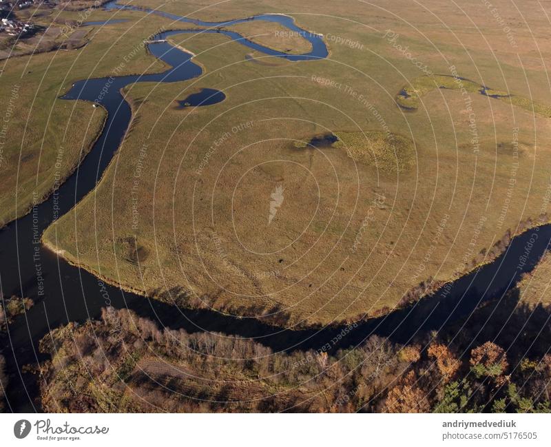 aerial view of a beautiful winding river flows among the fields, which flows picturesquely, creating incredible landscapes. between flooded fields and swamps.