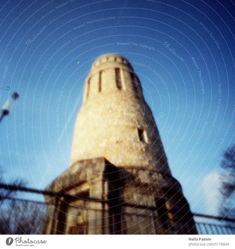 Bismarck Tower Bochum Analog Analogue photo Colour pinhole Architecture city park Building Stone Exterior shot Colour photo The Ruhr Tourist Attraction rail