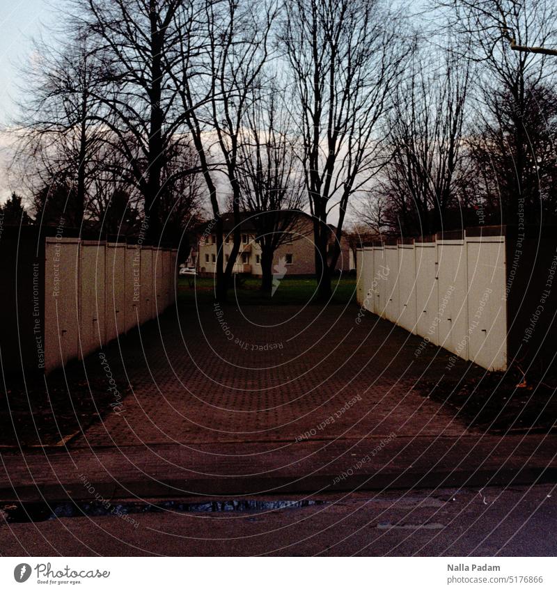 Puddle, garages, trees, residential building - BO reflected Analog Analogue photo Colour Colour photo Architecture Garage House (Residential Structure) Building