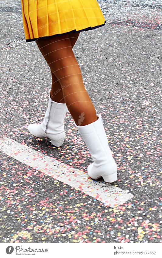 UNd UNten lies confetti Confetti Boots Footwear Street Asphalt Woman Legs High heels feminine Feminine Stockings Fine tights Tights Going Skirt Whimsical