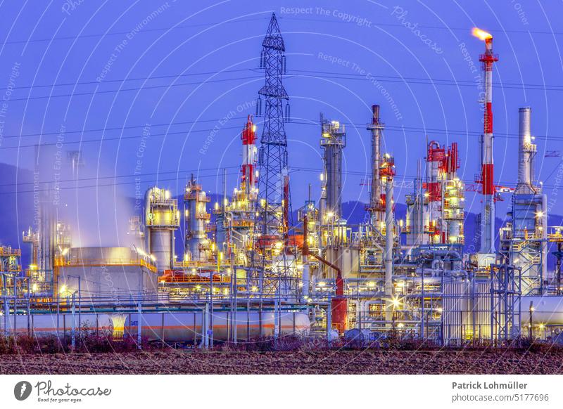 Industrial Park Chemical factory Chemistry Night shot Industry Industrial plant France Illuminated clearer Smoke steam blue hour Sky Blue Factory