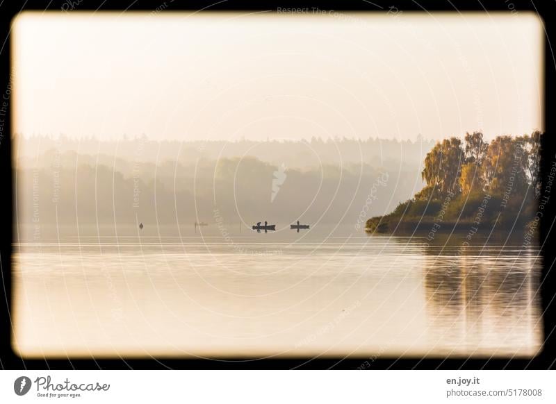 Fishing boats in the early morning at sunrise Lake Fishing (Angle) Sunrise Sunset Back-light Contrast Lakeside Sunlight Water Landscape Reflection Light