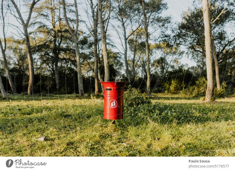 Red Trash bin on forest Trash container Recycling Environmental protection waste Dispose of Waste management Environmental pollution Ecological Container