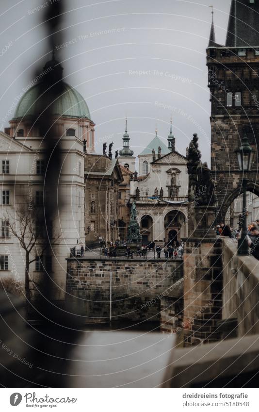 Prague city view from Charles Bridge historical buildings Analogue photo Shadow Czech Republic Travel photography Card Europe Town City trip cityscape famous