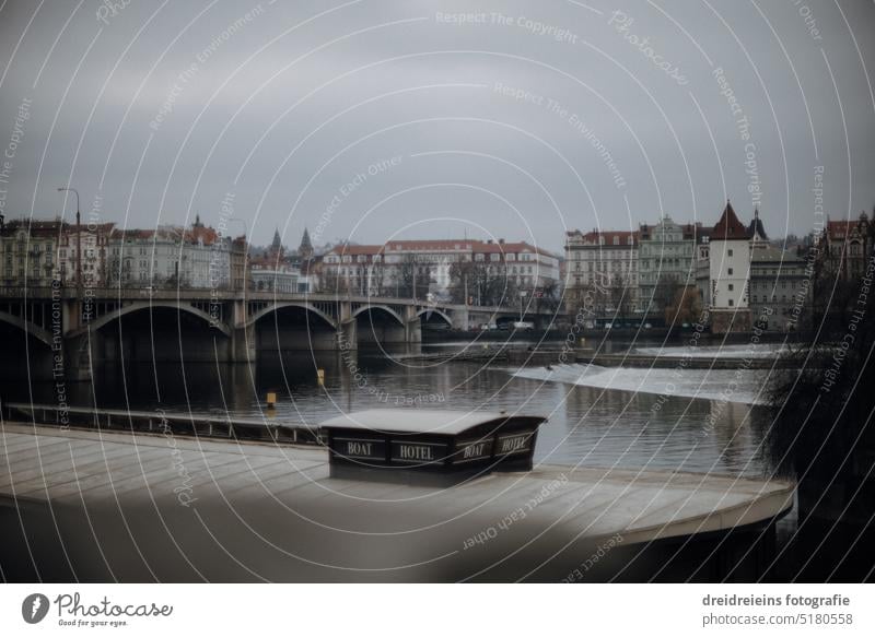 Prague city view Vltava river bridge historical buildings in background Analogue photo Czech Republic The Moldau River Travel photography Card Europe Town