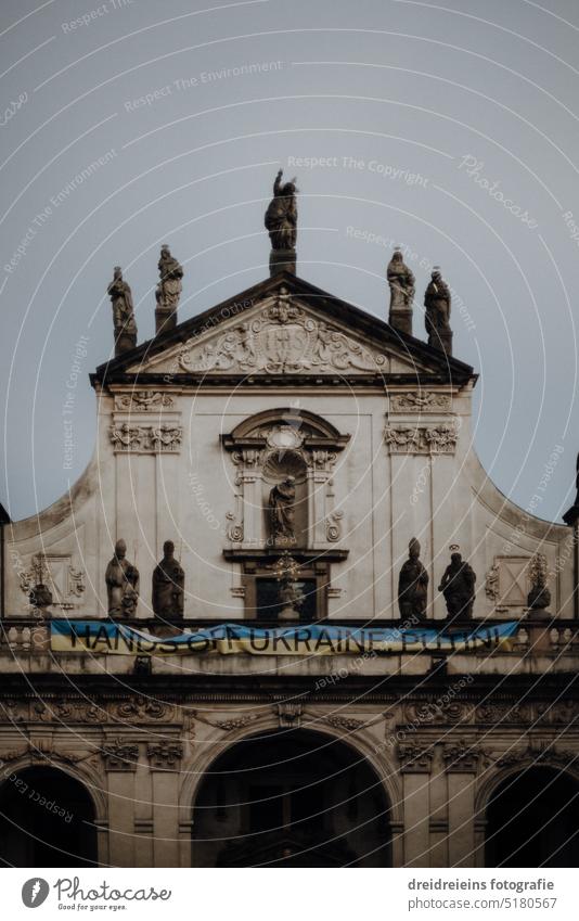 City view Prague historical buildings with pro-Ukraine banner Analogue photo Czech Republic Travel photography Card Europe Town City trip cityscape famous