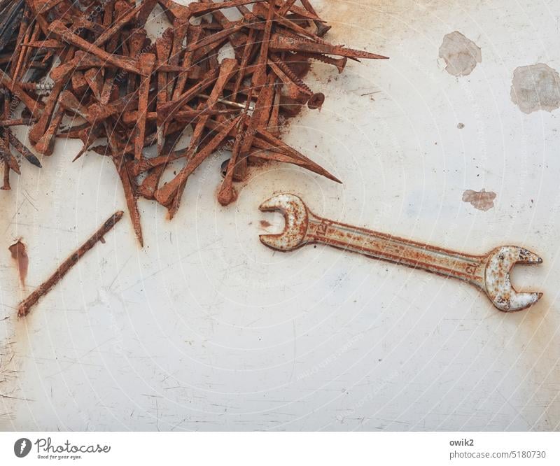 12/13 Screw wrench Tool Metal Old Rust Colour photo Detail corroded Decline Dirty Transience nails Copy Space bottom Copy Space right Copy Space middle