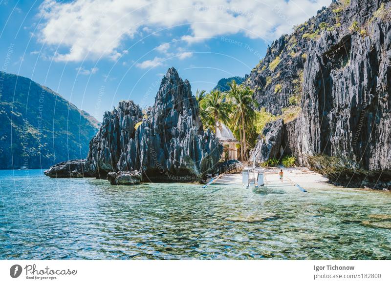 El Nido Palawan Philippines Asia. Banca boat at a small beach near the Matinloc Shrine. Trip highlights of Tour C travel palawan matinloc philippines island