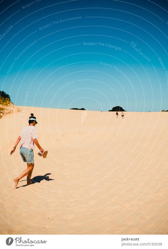 Climbing a huge sand dune is not so easy Woman Walking Sand Vacation & Travel Nature Summer Landscape Cloudless sky Warmth Tasmania Australia Far-off places