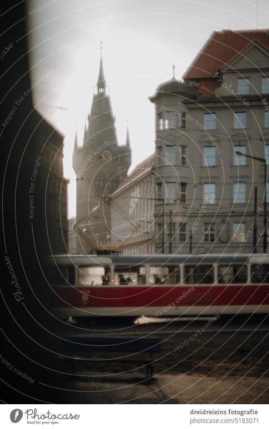 Prague city historical streetcar driving through picture Tram Exterior shot Downtown Bohemian Forest Manmade structures Old town Building traditionally