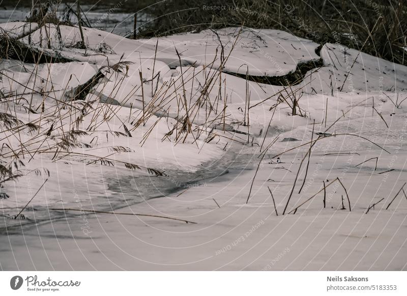 water settles down, ice breaking winter sunlight river pond broken ice winter evening snow cold frost freezing river bank shore coast shape line crack smooth