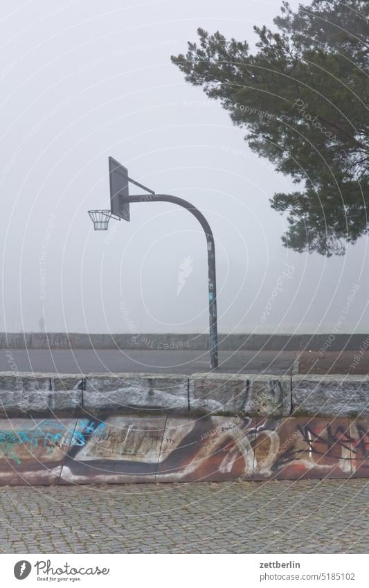 Basketball in the fog Basketball basket bastketball field hazy Haze Cycle path Autumn Morning Fog foggy cycle path sortplatz game Playing field Sports Weather