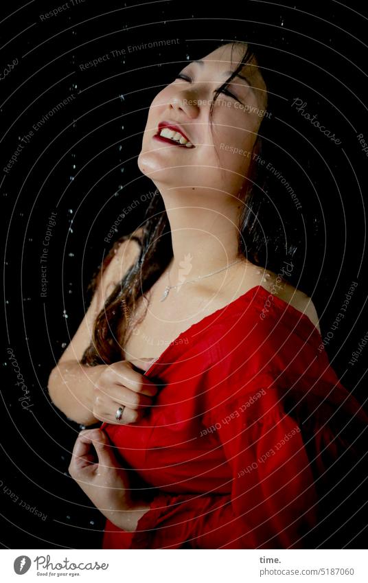 Woman with dress in bathroom Feminine Dress Wet Shower Drops of water Laughter fun Happiness Good mood Joie de vivre (Vitality) portrait Contentment Optimism