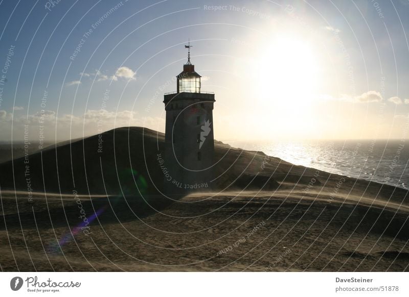 lighthouse Lighthouse Beach dune Sunset Clouds Denmark Baltic Sea Sand Shadow Blue Water