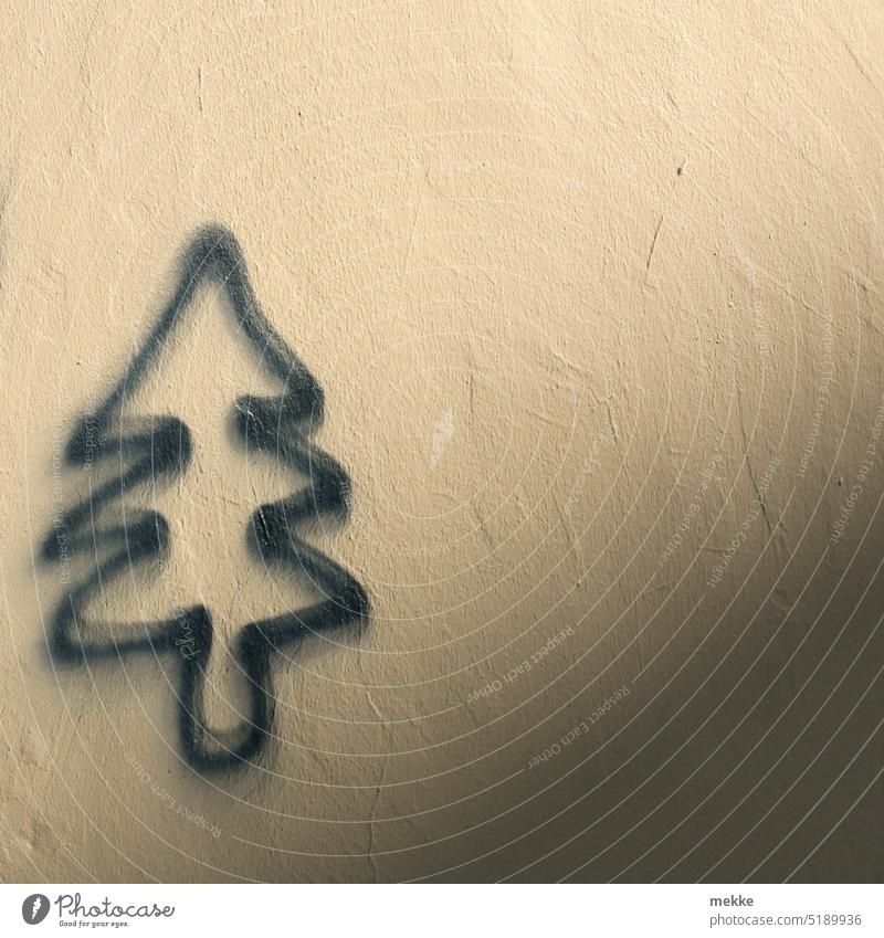 Fir tree in sunrise Graffiti Christmas tree Tree fir tree symbol Drawing Sign house wall Wall (building) Plaster Shadow Minimalistic Facade