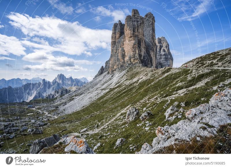 Summer sunrise at Tre Cime di Lavaredo in the Dolomites national park, Italy summer dolomites italy cime tre landscape mountain nature peak rock scenery travel