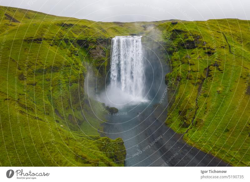 Iceland. Aerial view on the Skogafoss waterfall. Landscape in the Iceland from air. Famous place in Iceland. Landscape from drone. Travel concept iceland