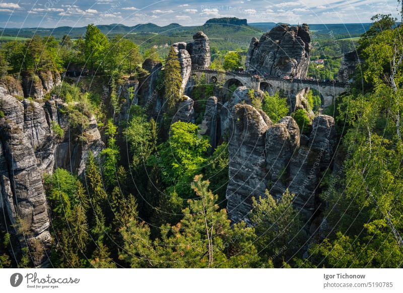 Bridge named Bastei in Saxon Switzerland, at sunrise and the mist over the river Elbe, National park Saxon Switzerland travel switzerland saxon bridge elbe