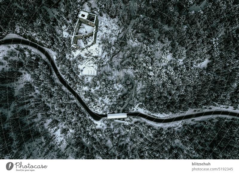 Castle ruin and road in CH Alps Snowscape Freedom mountains Switzerland alps Swissalps Svizzera Grisons Suisse lenzerheide Tourism Landscape Nature