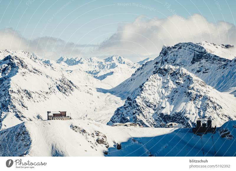 Summit hut and lift station in the CH Alps Sun Fog Ski lift Mountain Snow Cold Chair lift skis Winter Vacation & Travel Winter vacation Peak Nature