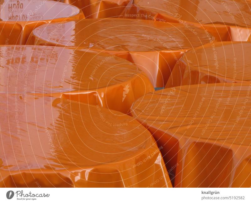 Bar tables with orange lacquer tablecloths Table Orange Deserted group close-packed Glittering light reflexes Reflection Light and shadow daylight Folds Round