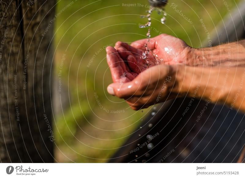 refreshingly Water Drops of water Jet of water hands Fresh Arm Man Drinking Wash Wet Refreshment Cold Flow chill Pure Clarity Fluid Thirst Nature mountain