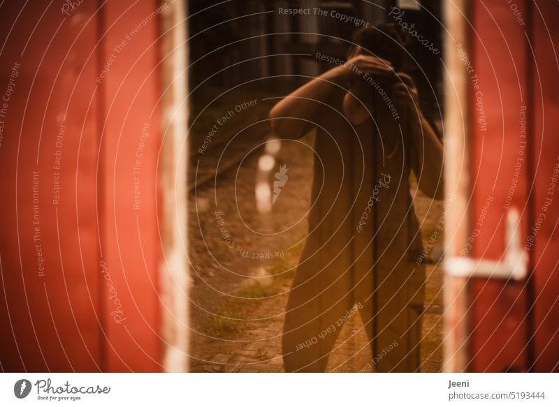 Selfie at old disused train station Woman photographer Take a photo Camera Mirror Human being Self portrait Reflection rail Freight station Old Mirror image