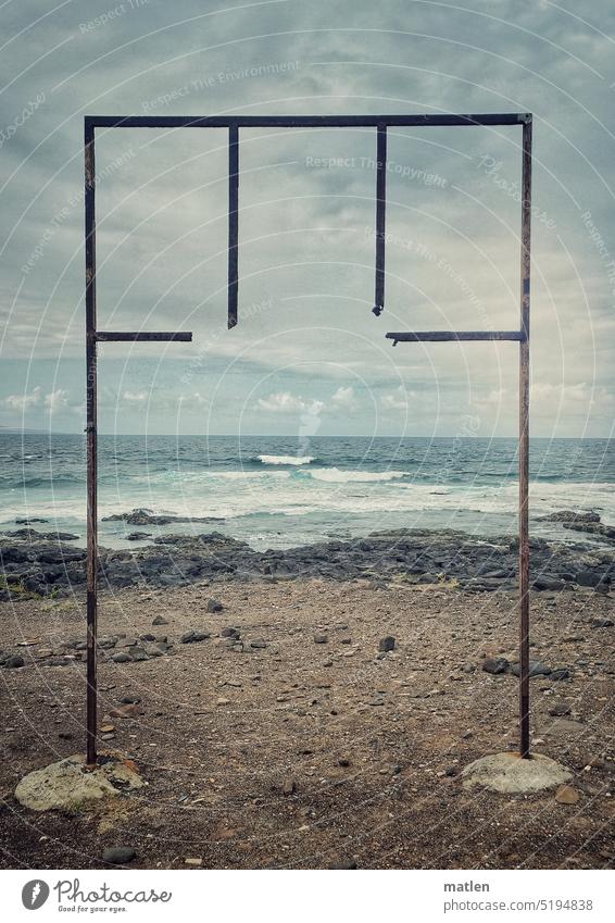 sea view Ocean Frame focused detail Sky Clouds coast Beach Horizon Scrap metal Framework